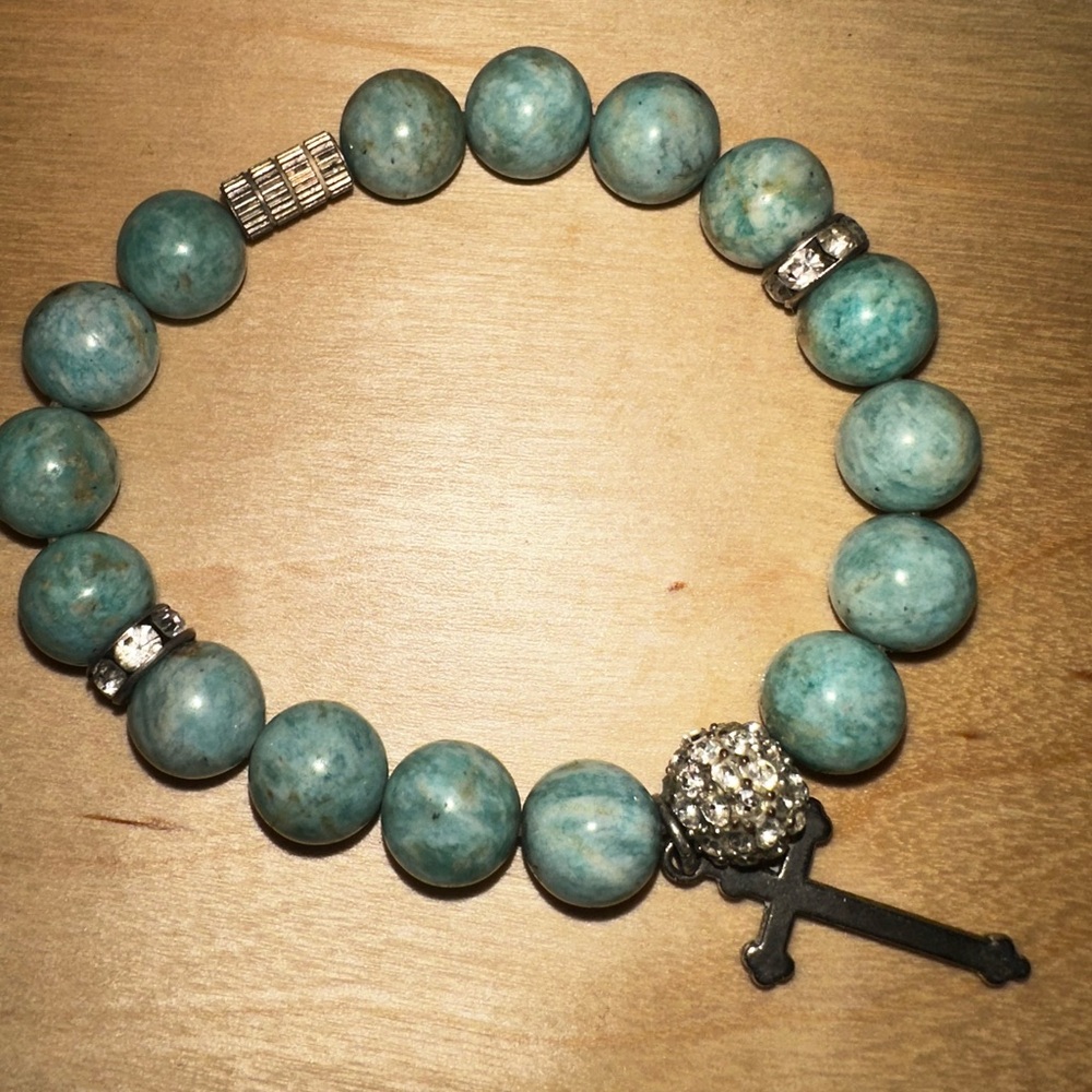 Blue Beaded Bracelet with Cross Charm